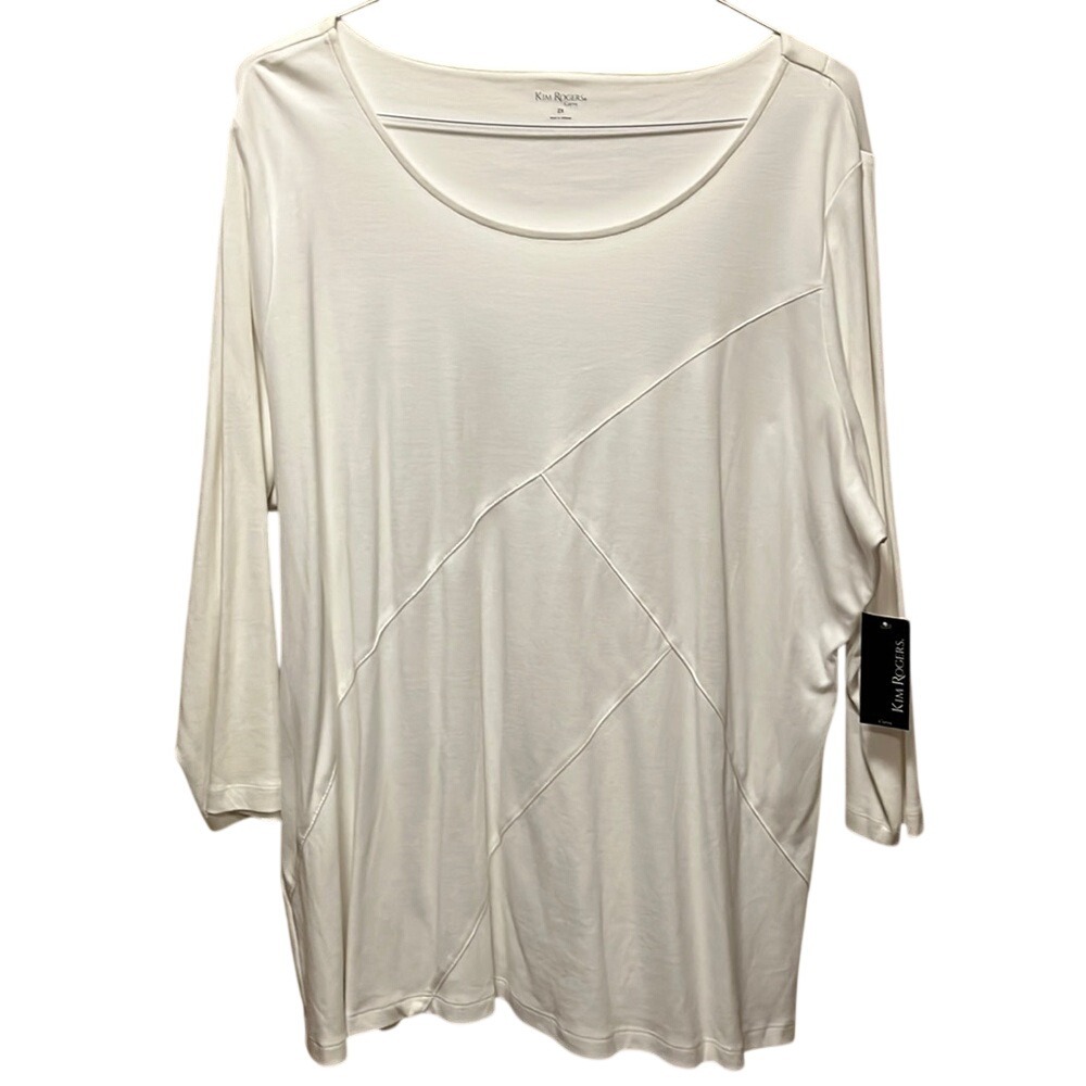 Kim Rogers Curvy White 100% Cotton 3/4 Sleeve Seam‎ Detail Top 2X 167K200 NWT